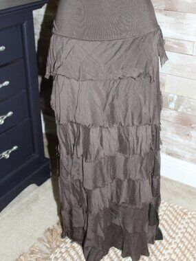 Chocolate Brown Silk Layered Maxi Skirt Soft Fold down upper Maternity Timeless